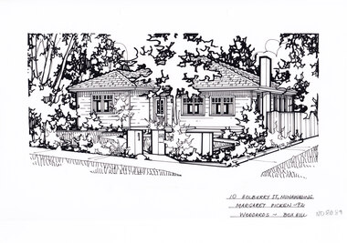 A black and white line drawing of a right hand side corner block single story weatherboard house with a footpath from the corner leading to the front door. At the start of the path are two pillars, one serving as a letterbox. The front yard is edge with garden beds.