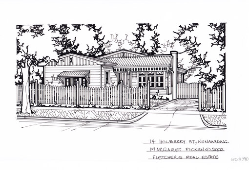 A black and white line drawing of a single story weatherboard house house with  corrugated roof, and facia board. On the right is a driveway is a leading to a gate. In the foreground is a picket fence, enclosing a front yard.