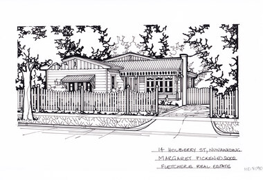 A black and white line drawing of a single story weatherboard house house with  corrugated roof, and facia board. On the right is a driveway is a leading to a gate. In the foreground is a picket fence, enclosing a front yard.