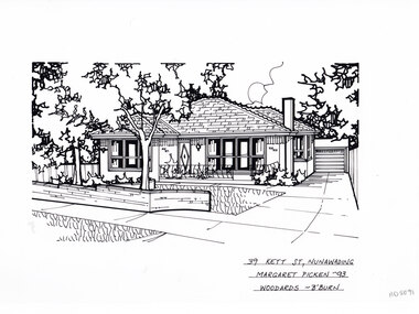 A black and white line drawing of a single story brick house with a driveway on the right leading to a separate garage in the background. in the foreground is a low brick fence enclosing a front yard with garden beds and central tree.