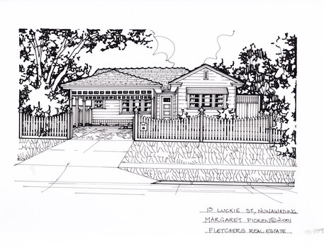 A black and white line drawing of a single story weatherboard house, with a driveway on the left leading to a carport in front of the house. in the foreground is a picket fence, enclosing a front yard.