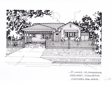 A black and white line drawing of a single story weatherboard house, with a driveway on the left leading to a carport in front of the house. in the foreground is a picket fence, enclosing a front yard.