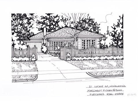 A black and white line drawing of a single story weatherboard house with a bullnose verandah of the front porch. On the left is a driveway leading to a connected garage. In the foreground is a picket fence enclosing a front garden.