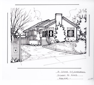 A black and white line drawing of a single story rendered house with a driveway on the left leading to a gated separate garage. Right of the driveway are the steps leading up to the front porch. In the foreground on the right is a front lawn.