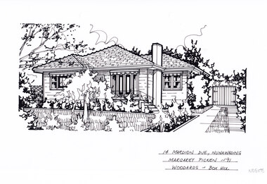 A black and white line drawing of a single story weatherboard house, with a driveway on the right leading to a separate garage in the background. In the foreground is a front garden, with garden beds and central tree.