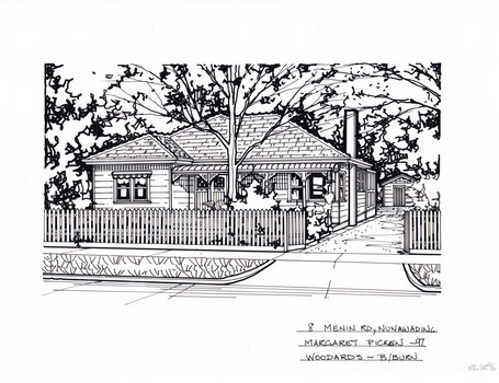 A black and white line drawing of a single story weatherboard house with bullnose verandah covering the front porch. On the right is a driveway leading to a separate garage in the background. In the foreground is a picket fence enclosing the front garden.