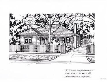 A black and white line drawing of a singlestory weatherboard house with bullnose verandah  covering the front porch. On the right is a driveway leading to a seperate garage in the background. In the foreground is a picket fence enclosing the front garden.