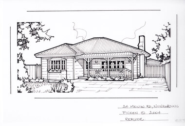 A black and white line drawing of a single story weatherboard house with bullnose verandah over the front porch. In the foreground a driveway widens to lead to a gated separate garage in the background, and curve around to the front of the house.. In the left foreground corner is a font garden.