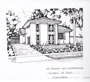 A black and white line drawing of a two story rendered house. On the left is a driveway leading toa garage in the background. In the right hand foreground is a front garden.