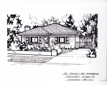 A black and white line drawing of a single story weatherboard house. On the right is a driveway leading to a gated separate garage in the background. In the foreground on the left is a low brick fence, enclosing a front garden.