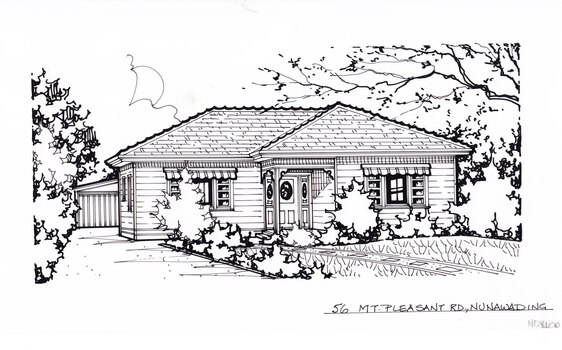 A black and white line drawing of a single story weatherboard house. On the left is a driveway leading to a separate garage in the background, while in foreground on the right is a front garden, with a footpath to the front door.