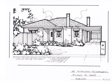 A black and white line drawing of a single story weatherboard house. On the right is a driveway leading to a connected carport, and curving around in front of the house. On the left is a front garden in the foreground, and a gated fence to the backyard.