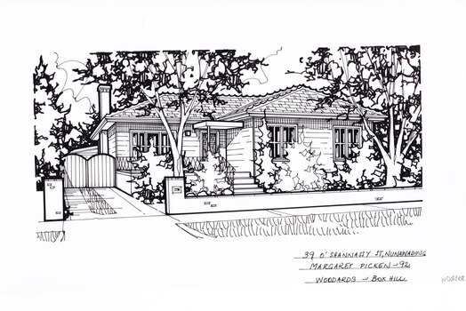 A black and white line drawing of a single story weatherboard house. On the left is a driveway leading to a gated separate garage. While in the foreground on the right is low brick fence, enclosing a front garden.