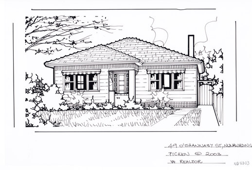 A black and white line drawing of a single story weatherboard house. On the right is a driveway leading to a back gate. In the foreground on the left is a front yard, with garden beds edging a lawn.