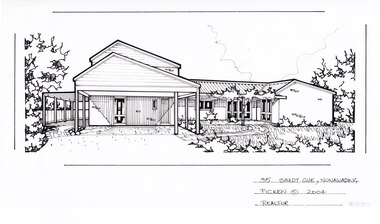 A black and white line drawing of a single story brick house. A driveway on the left leading to a carport, with winding foot path leading to the front door. In the foreground on the right is a front yard with garden bed edging.