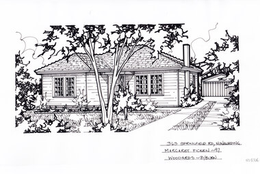 A black and white line drawing of a single story weatherboard house. On the right is a driveway leading to separate garage in the background. In the left hand side foreground is a front yards with garden bed edging, and large gum tree.