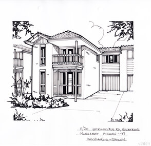 A black and white line drawing of a two story semi-detached brick house. With a joint driveway on the right leading to an built in garage, which is connected to the neighbours garage. On the left is a garden bed in front of the front door.