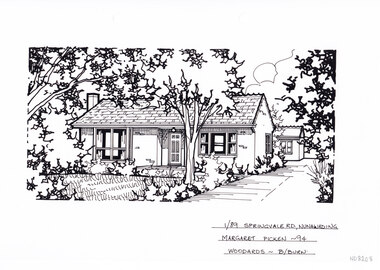 A black and white line drawing of a brick single story house, with a driveway on the right leading into the background. in the left hand foreground is a front yards with garden bed edging, and a tree.