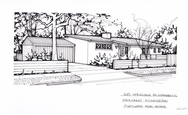 A black and white line drawing of a single story brick house with a sloping roof. On the left is a driveway leading to an connected garage. In the foreground isa horizontal timber fence, which is  enclosing a front garden on right.