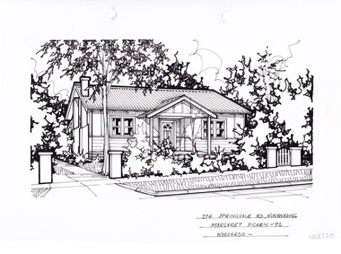 A black and white line drawing of a single story house, on the left is a driveway leading into the background. While in the right foreground is a front garden, with a path to the front door.