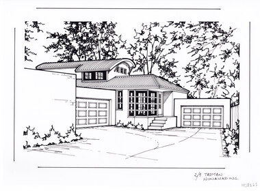 A black and white line drawing of a semi detached brick house on a sub-divided lot, with a driveway on right leading straight to a connected garage, and sweeping to the left up to the garage for the front property.