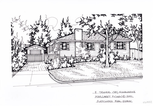 A black and white line drawing of a single story weatherboard house. With a driveway on the left, leading to a gated separate garage. In the foreground on the right is a front yard with garden beds just before the house, and a central tree.