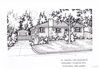 A black and white line drawing of a single story weatherboard house. With a driveway on the left, leading to a gated separate garage. In the foreground on the right is a front yard with garden beds just before the house, and a central tree.