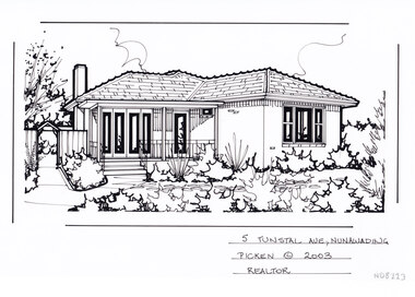 A black and white line drawing of a single story brick house with a footpath on the left leading up to the front door, and through a gate, in the backyard. In the foreground on the right is a front garden