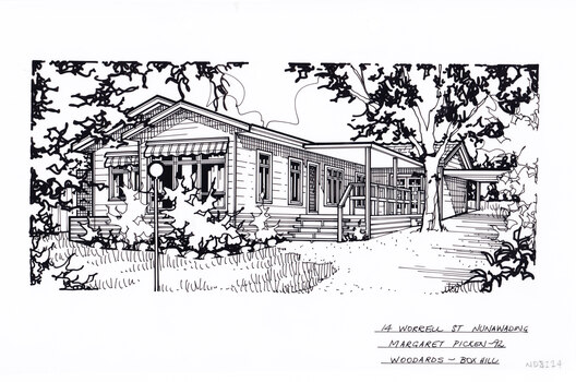 A black white line drawing line drawing of a single story weatherboard house with large verandah and porch. On the right is a driveway leading to a connected carport in the background. In the foreground on the right hand side is a front yards with shrubs.