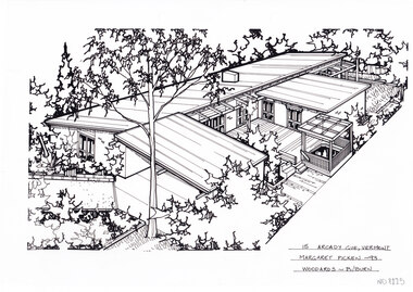 A black and white line drawing of a single story brick house from a angled birdseye view, on a left to right diagonal. On the left, a horizontal driveway leads to a connected carport, with the main of the house of the left. Wrapping around a central decked courtyard. There is a backyard in the background in the upper right corner.