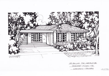 A black and white line drawing of a single story brick house. On the left is a driveway leading to a connected carport, behind which is a set of steps in the background. In the foreground on the right hand side is a lush front garden.