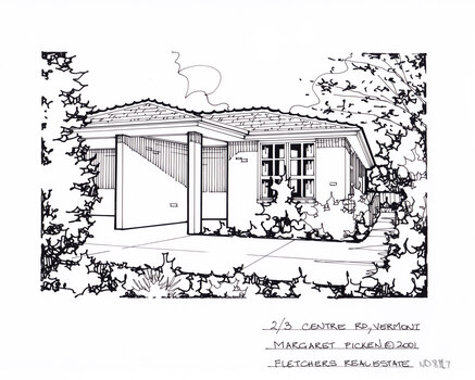 A black and white line drawing of a single story brick house with a concrete footpath in front and along the right hand side leading to a back gate in the background. There is greenery along long the left, right and bottom edges of the drawing.