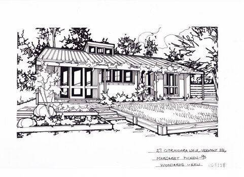 A black and white line drawing of a single story brick house with a dormer window. There is a stepped footpath up to the glass front door, with edge garden beds on either side.