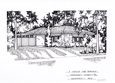 A black and white line drawing of a single story brick house. To the left is a driveway leading to a gated carport, connected to the house. In the foreground is a front lawn either side of the driveway, with garden beds in front of the house.