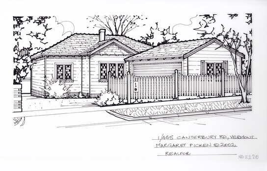 A black and white line drawing of a single story weatherboard house with a driveway on the left leading into the background, and curving right toward a built in garage in front of the house. In the foreground in a picket fence, enclosing the property.
