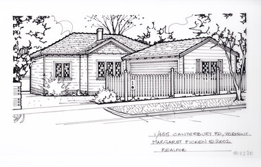 A black and white line drawing of a single story weatherboard house with a driveway on the left leading into the background, and curving right toward a built in garage in front of the house. In the foreground in a picket fence, enclosing the property.