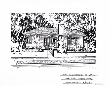 A black and white line drawing of a weatherboard house. A footpath leads from the foreground into the midground toward the front door. In the foreground is a low brick fence enclosing a front garden.