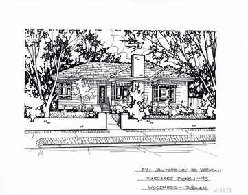 A black and white line drawing of a weatherboard house. A footpath leads from the foreground into the midground toward the front door. In the foreground is a low brick fence enclosing a front garden.