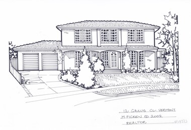 A black and white line drawing of a two story brick house with muntin windows, with a driveway on the left leading to a built in double garage. To the right of the house is a tall picket gate, while in the foreground is a front yard with garden beds and decorative trees.