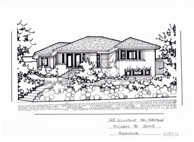 A black and white line drawing of a single story brick house, with steps from the footpath leading up to a raised porch. In the foreground is a stone retaining fence enclosing a front yard with garden bed edging.