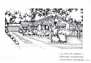 A black and white line drawing of a single story brick house, with a driveway on the left leading to a connected garage in the background. In the foreground is a front yard with garden beds edged with stone boarders. 