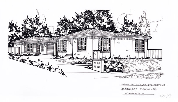 A black and white line drawing of two single story brick houses, one behind the other. There is a driveway on the left leading to the house at the back of the block, with paths up to the front doors. In the foreground on the right is a front lawn, and a brick post box.