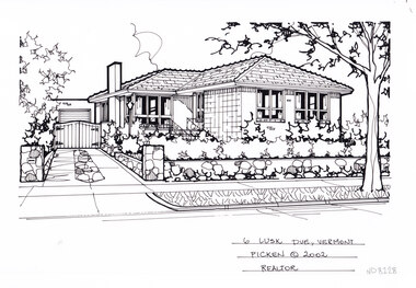 A black and white line drawing of a single story brick house. On the left is a driveway leading to a gated garage in the background. While in the right foreground is a low stone fence enclosing a front yard with hedging.