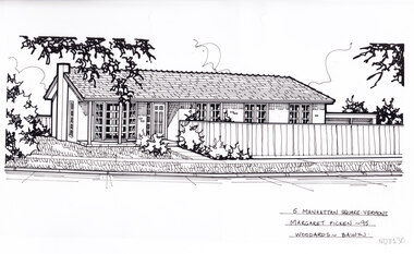 A black and white line drawing of a single story brick house with a path up to the front door from the footpath in the foreground. On the left is a front lawn, and on the left is a timber fence enclosing the other half of the property frontage.