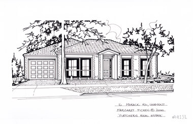 A black and white line drawing of a brick single story house. On the left is a driveway leading to a connected garage, while to the right in the foreground is a front lawn, with a couple of gumtrees.