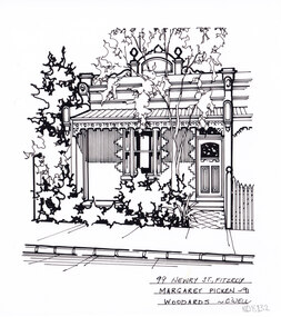 A black and white line drawing of a single story brick row house with bullnose veranda. In the left foreground is a small front garden with gumtree, and on the right is a tile path to the front door. 