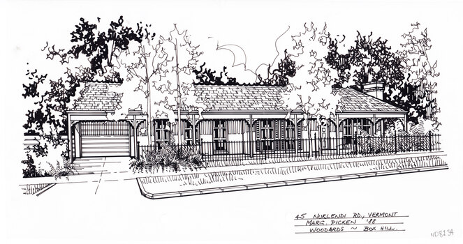 A black and white line drawing of a ingle story brick house with veranda across the frontage, on the left it forms a carport in front of the connected garage. In the foreground on the left is the driveway, while on the right is a front garden enclosed by a wrought iron fence.