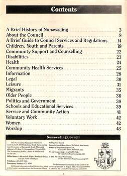 Nunawading 1986, Community Resources Guide, table of contents