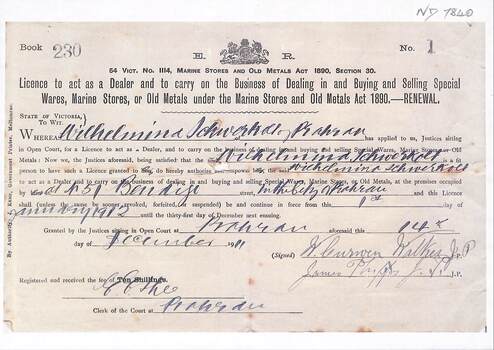 Business Licence for William Schwerkolt, 1912