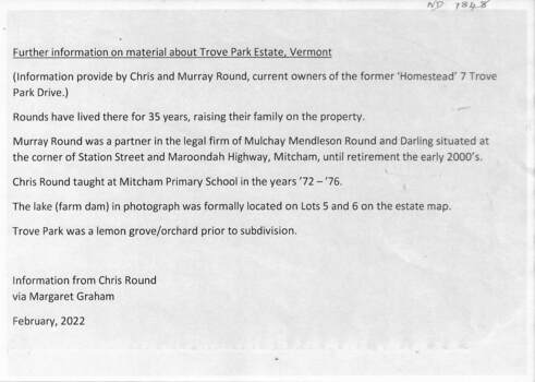 Trove Park Estate history notes by Chris and Murray Round, 2022